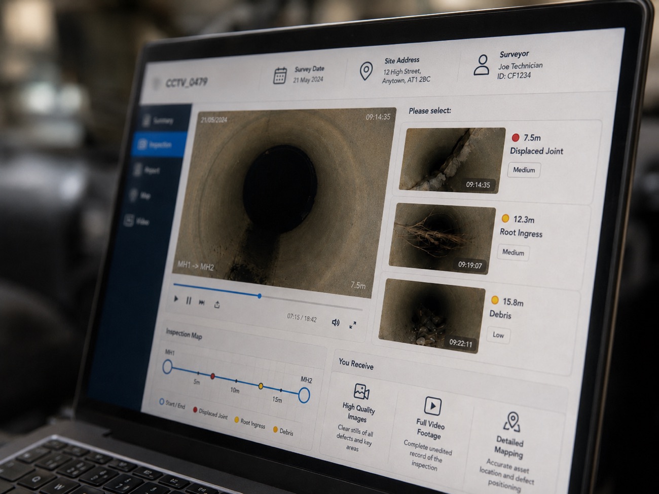 Example CCTV drain survey report, showing defect stills, video timeline and inspection map